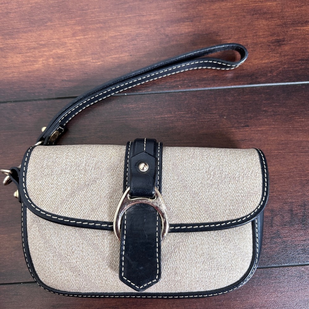 Dooney & Bourke Wristlet Women Small Beige Black Jacquard Leather Trim Buckle